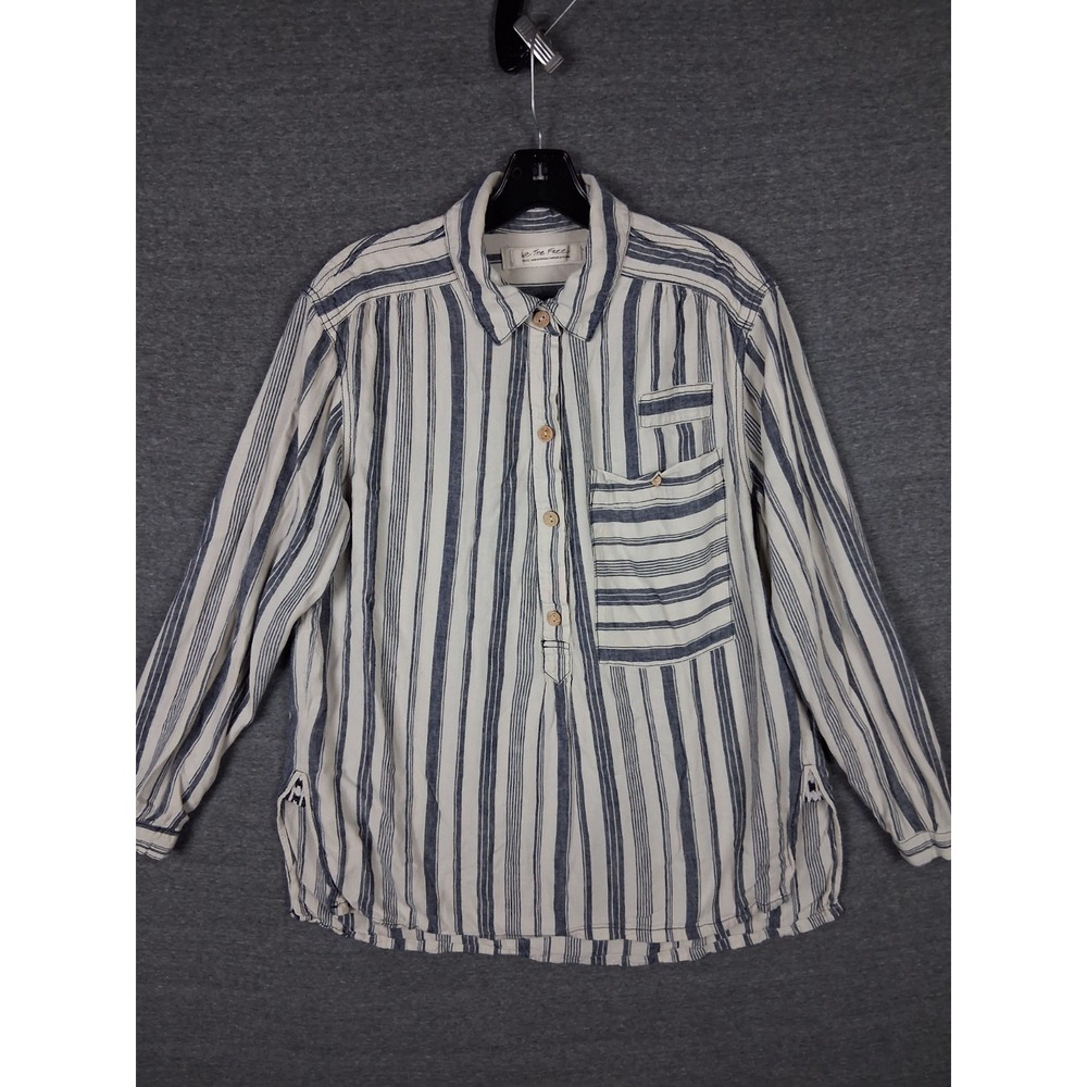Free People Womens Shirt Small Blue White Stripe‎ Tunic Popover Boho Casual